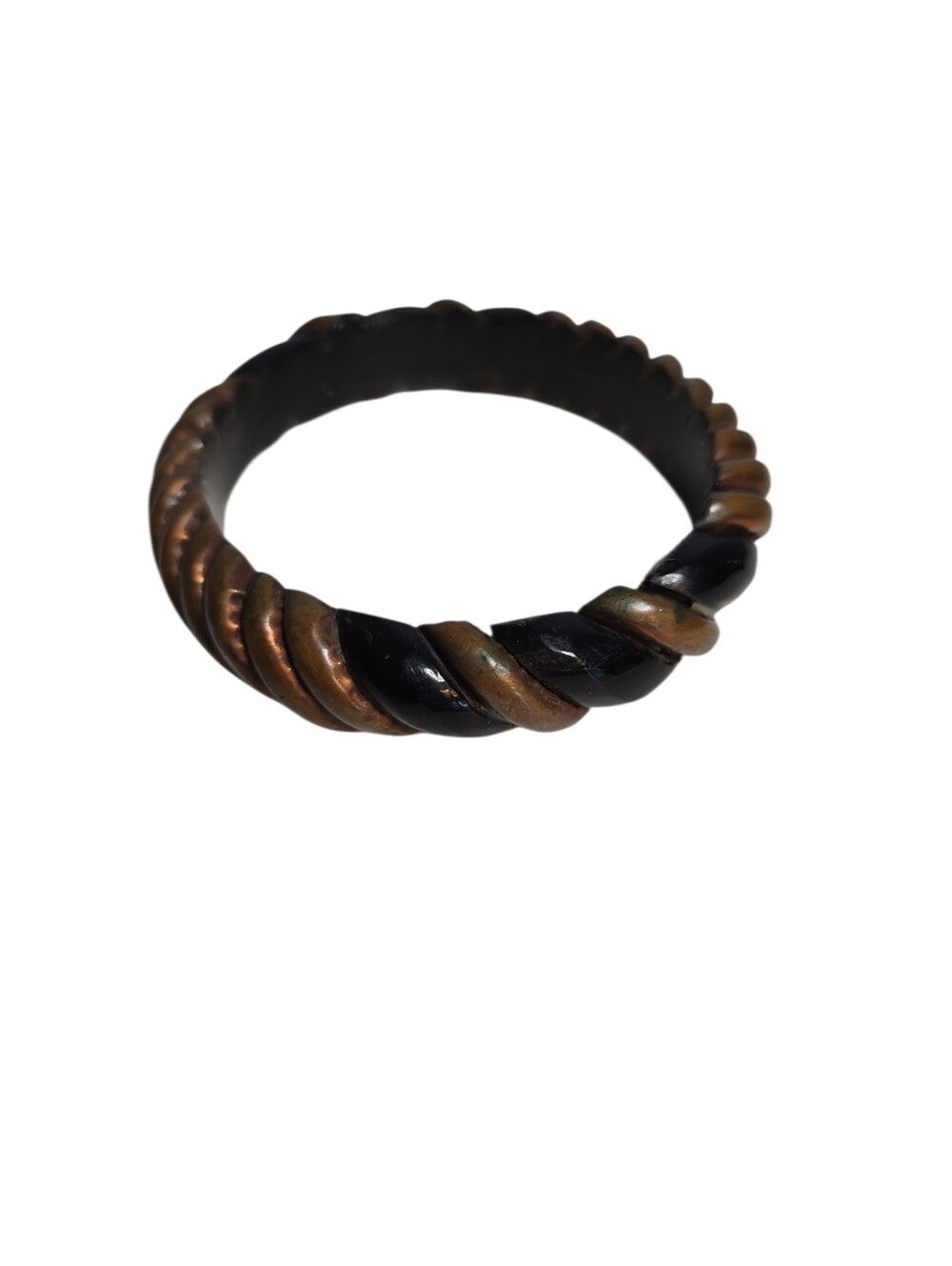 Vintage Bangle Bracelet Brass Carved Black Horn Chunky Tribal Statement Bracelet